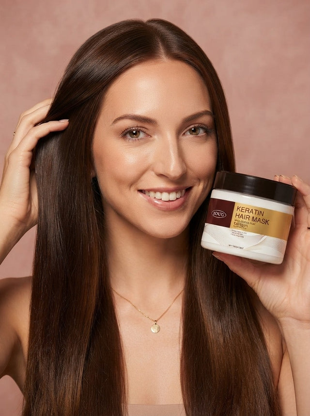 Mujer con melena lisa y brillante sujetando la Mascarilla de Keratina LisoGO